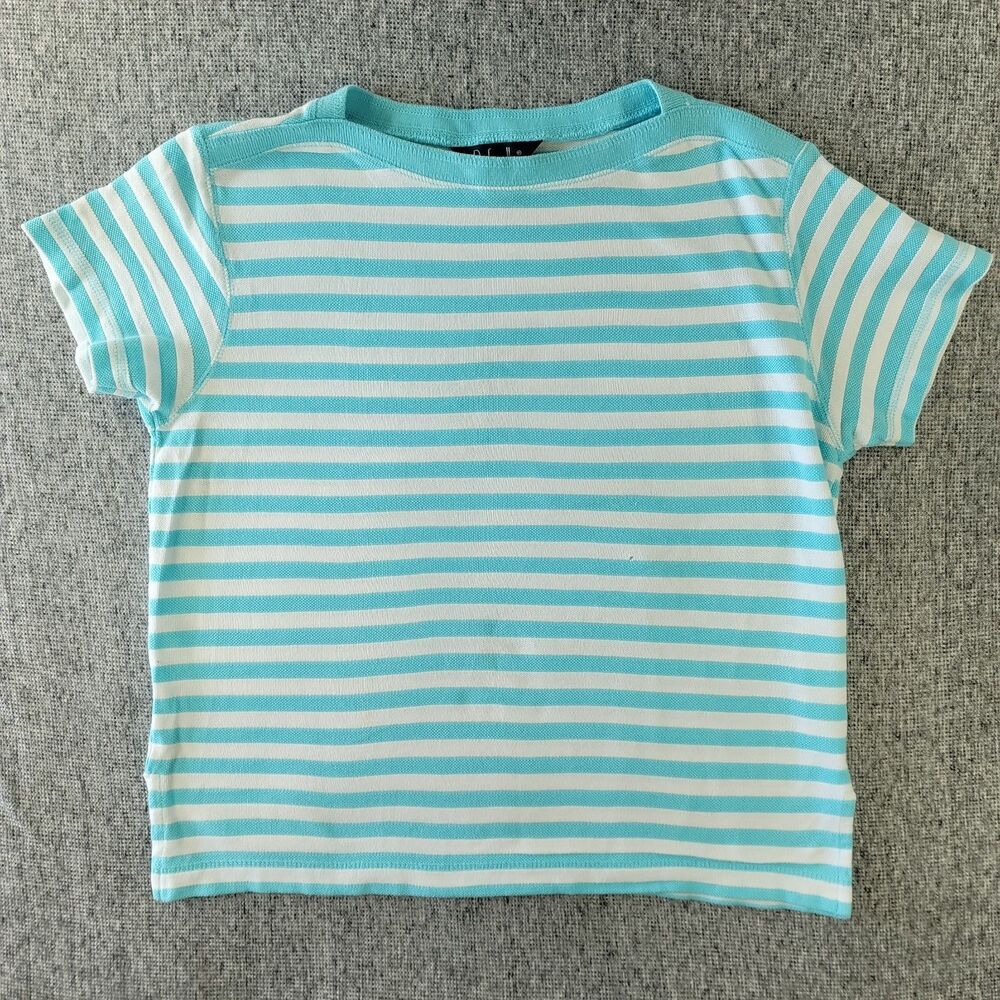 Vintage Rafaella Womens Large Teal Blue Striped Boat Neck T-Shirt Distressed